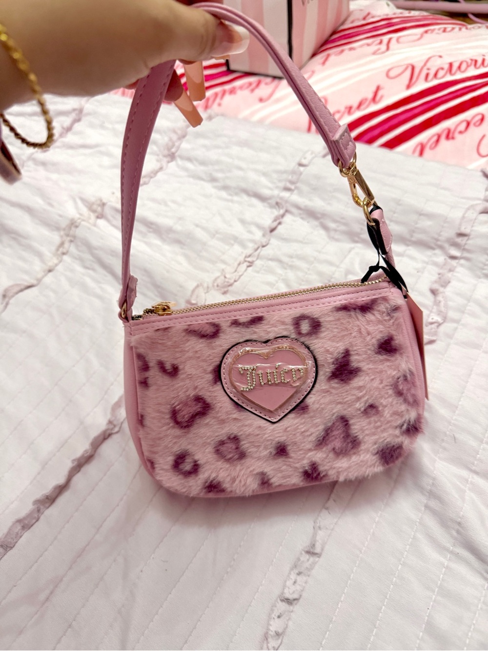 Juicy Couture Pink Faux Fur Leopard Mini Shoulder Bag with Heart Logo